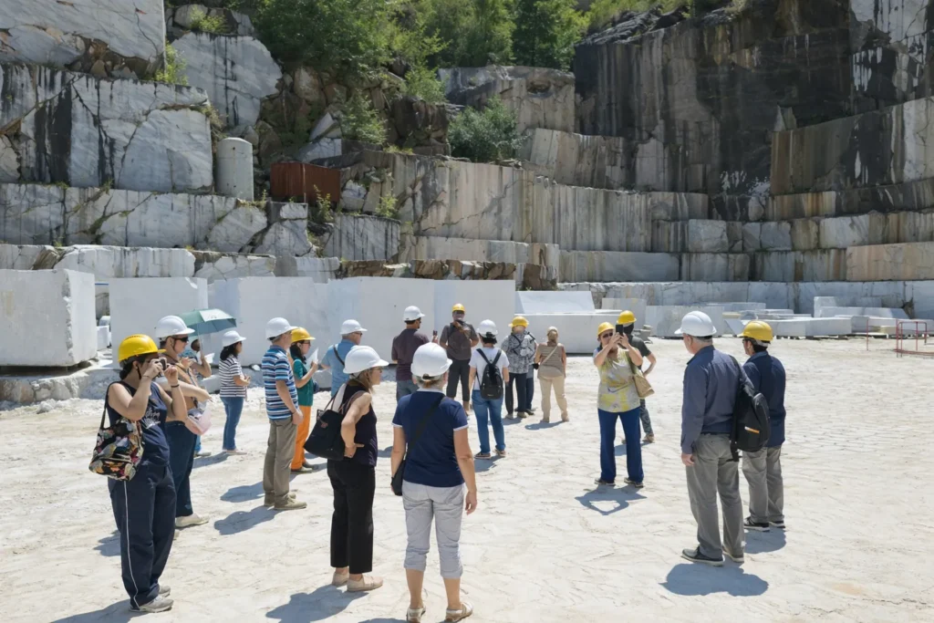 group of tourist while visiting a carrara marble quarry