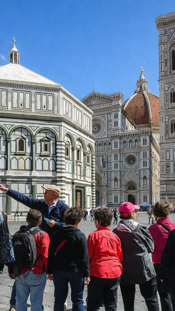 guida turistica che spiega ad un gruppo in piazza del duomo a firenze